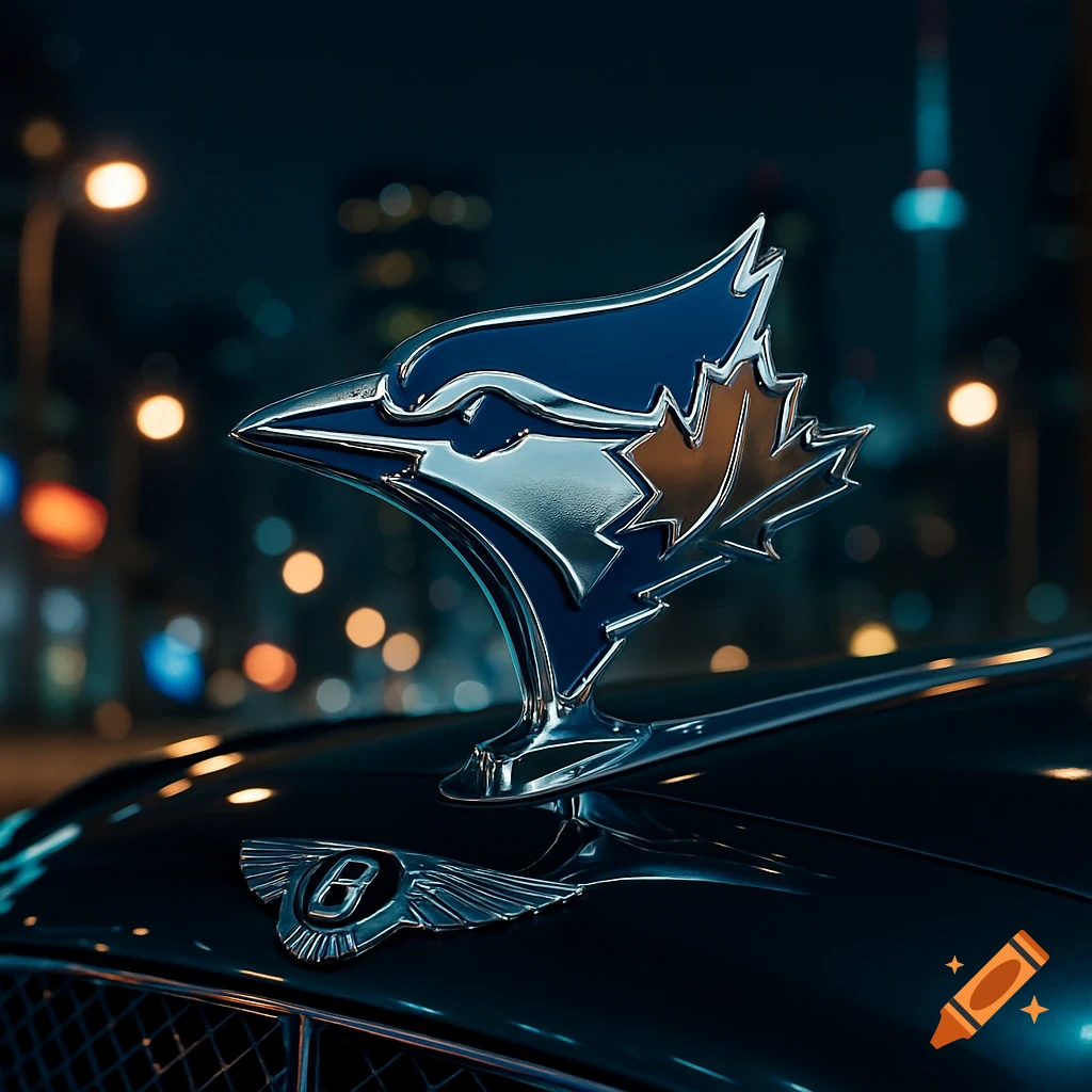 A chrome Toronto Blue Jays logo with maple leaf wings on the hood of a Bentley car at night with a blurry city background.