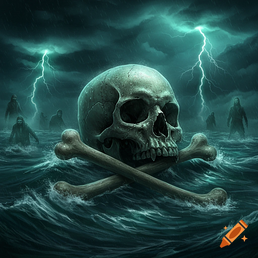A weathered skull and crossbones float on stormy dark green waves under lightning, with ghostly figures emerging from the sea.