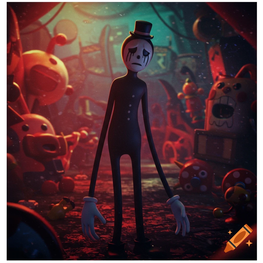A rubberhose character with black tears and long limbs stands in a dark, red-lit toybox fantasy landscape.