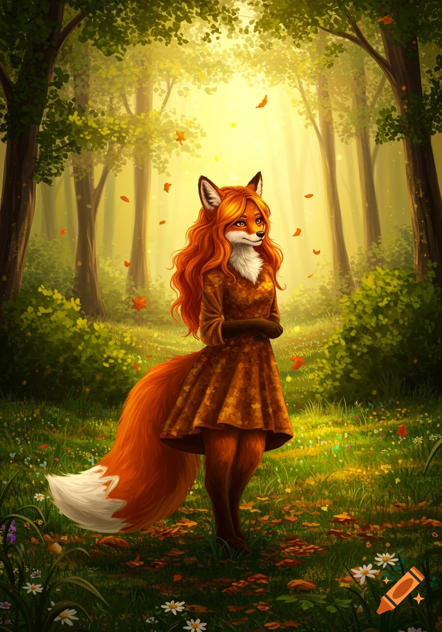 A whimsical anthropomorphic fox girl with long red hair and a brown dress stands in a sunlit forest filled with autumn leaves.