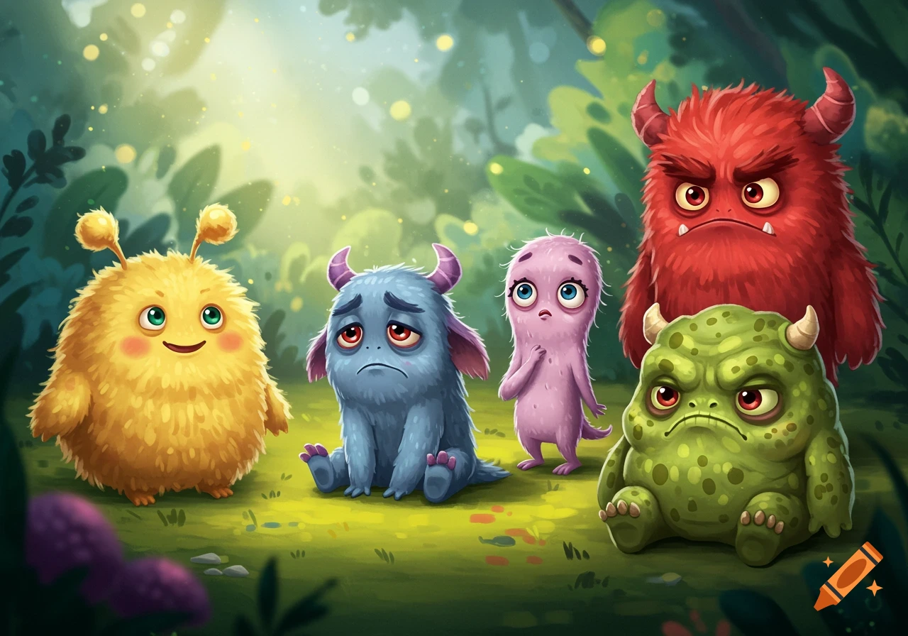 Five colorful, cute monsters depicting various emotions (joy, sadness, anxiety, anger, disgust) in a whimsical forest setting.