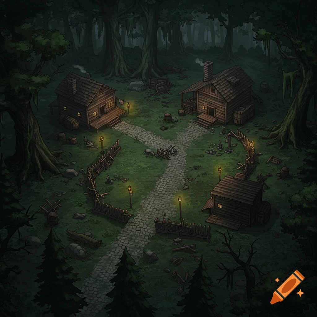 Isometric fantasy battle map of a dark forest village with three wooden cabins, stone paths, and glowing lanterns.