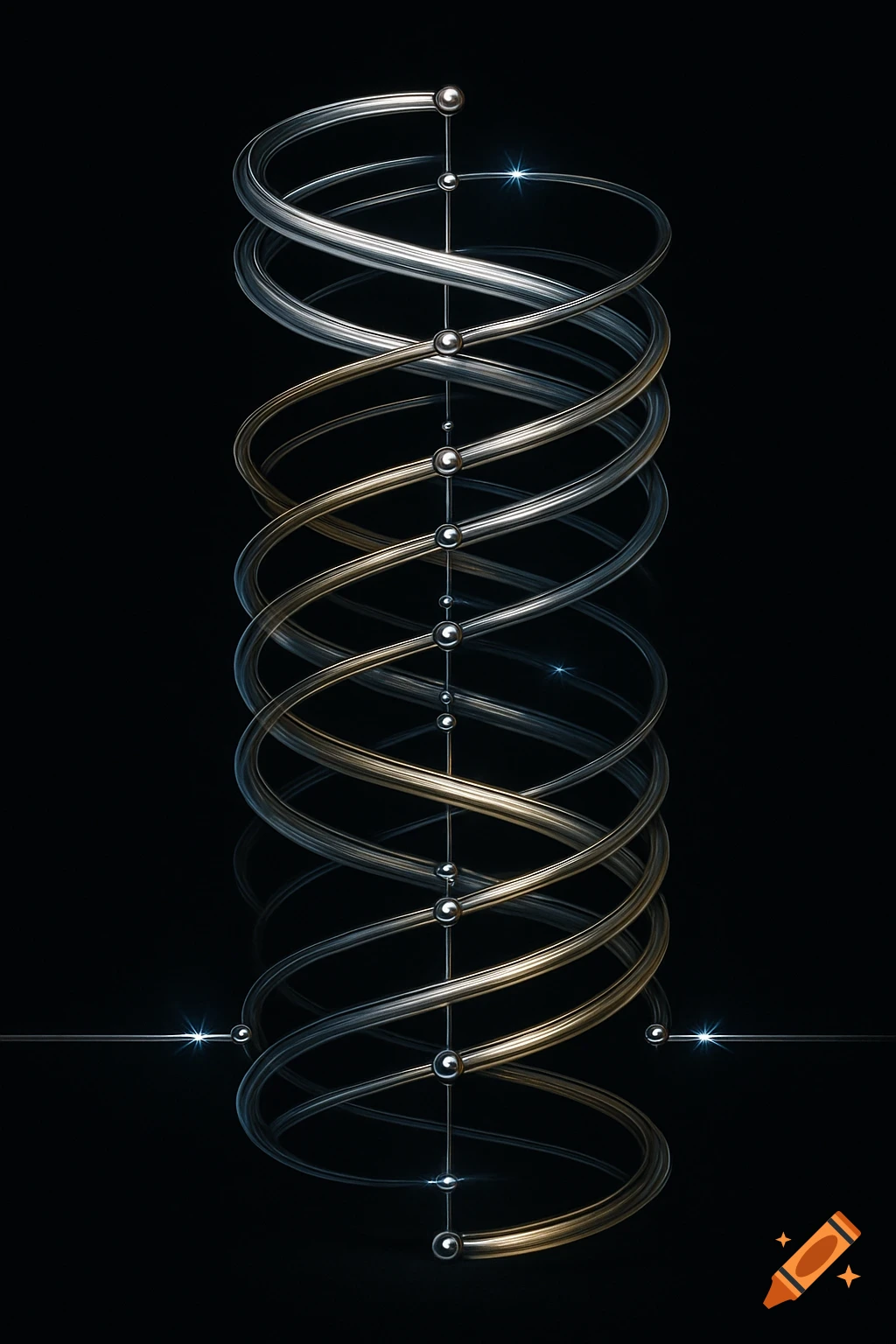 A shiny metallic double helix structure on a black background with glowing points.