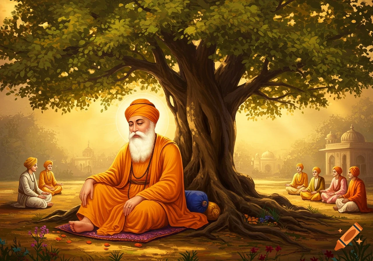 Guru Nanak Dev meditates under a large tree, surrounded by disciples and distant temples, in a vibrant spiritual painting.