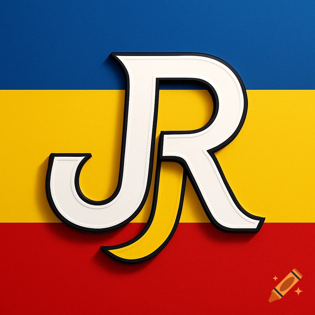 White stylized letters JR seamlessly connected, set against a background of blue, yellow, and red horizontal stripes.