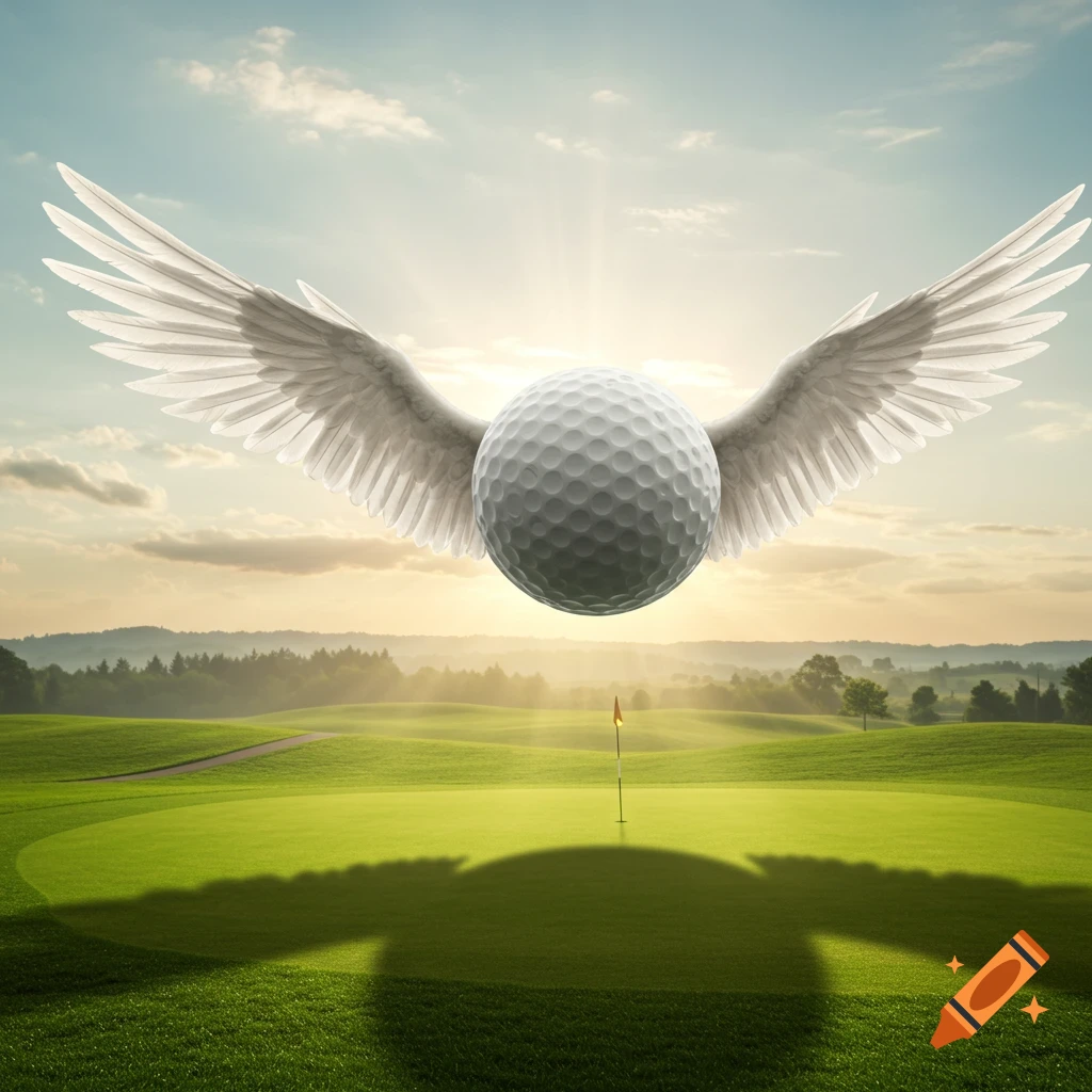 A golf ball with white wings flies over a sunny green golf course with a flagstick.