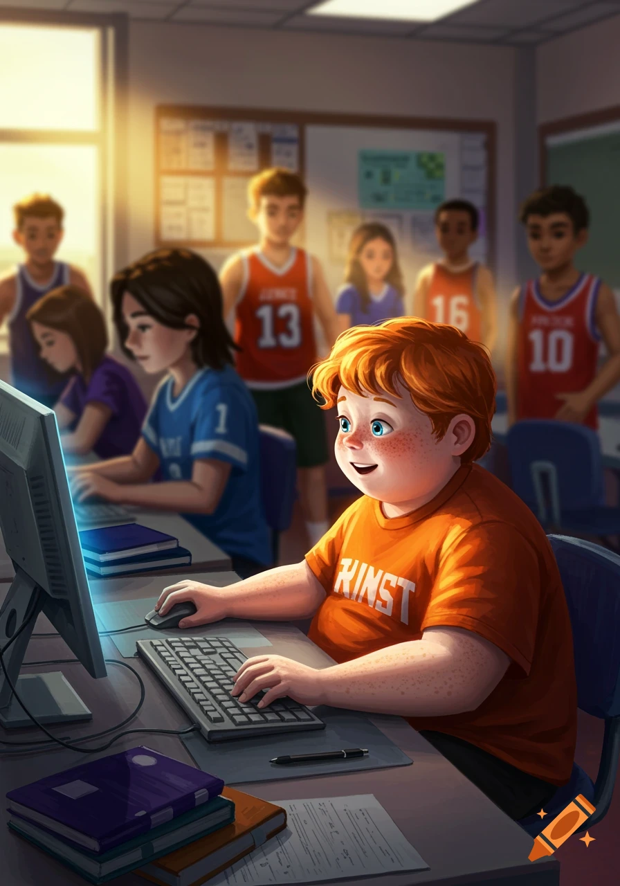 A red-haired boy with freckles smiles while using a computer in a sunny classroom, with other students in the background.