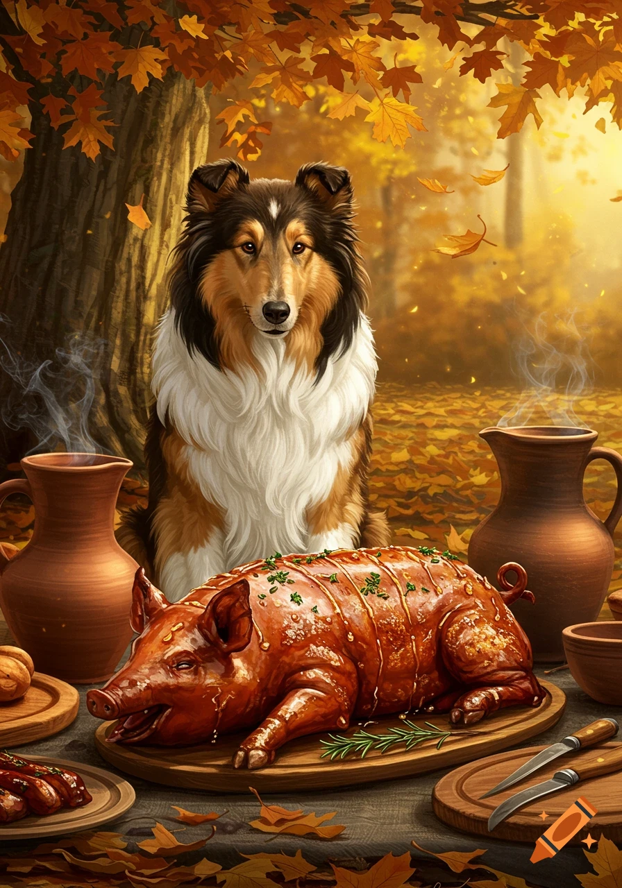 A collie dog sits behind a roasted pig on a wooden table, surrounded by autumn leaves in a forest setting.
