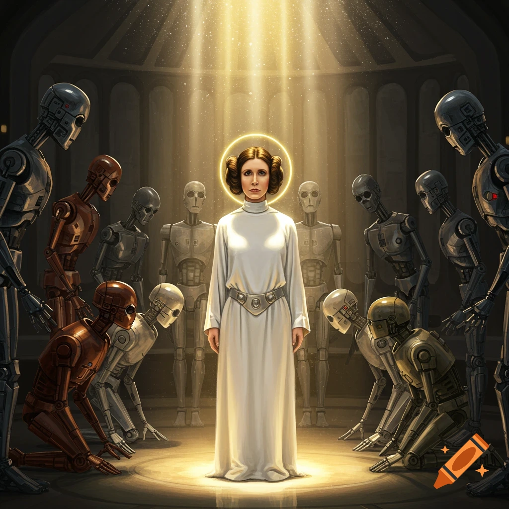 Princess Leia with a halo bathed in light, surrounded by kneeling robots in a grand hall, digital art.