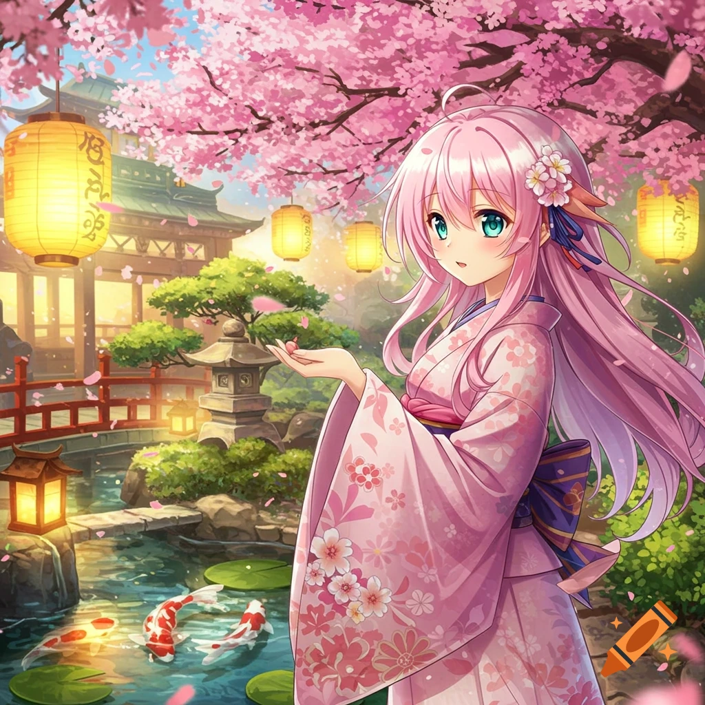 An anime girl with pink hair and a kimono stands in a vibrant Japanese garden with cherry blossoms, glowing lanterns, and koi fish.