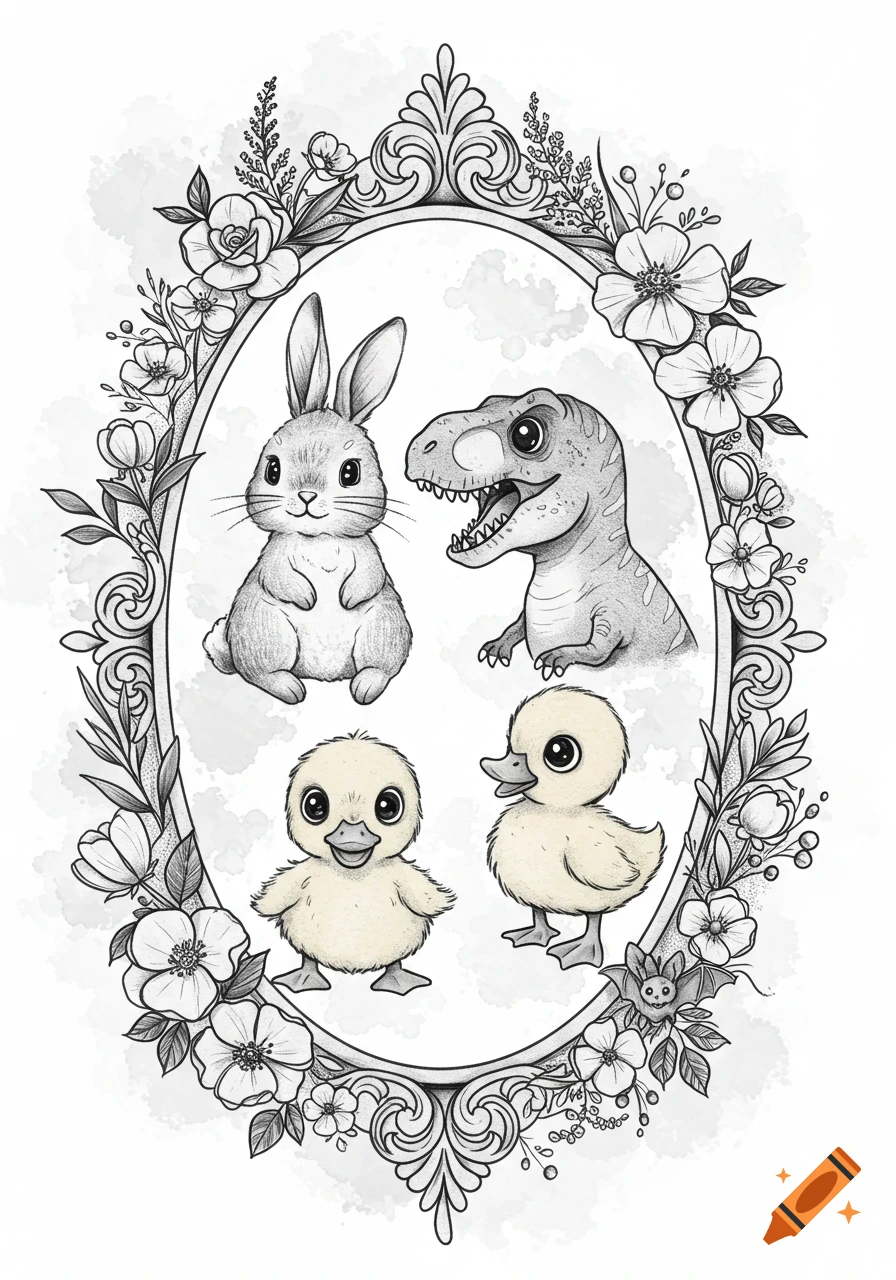 A black and white sketch of a cute bunny, T-rex, and two ducklings in a floral oval frame with a bat.
