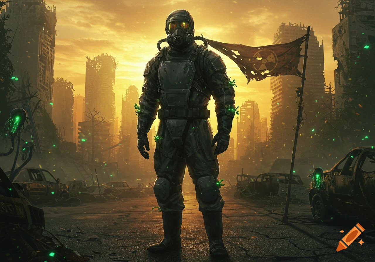 A person in a hazmat suit stands in a ruined, post-apocalyptic city with a radiation flag and glowing green particles under an orange sky.