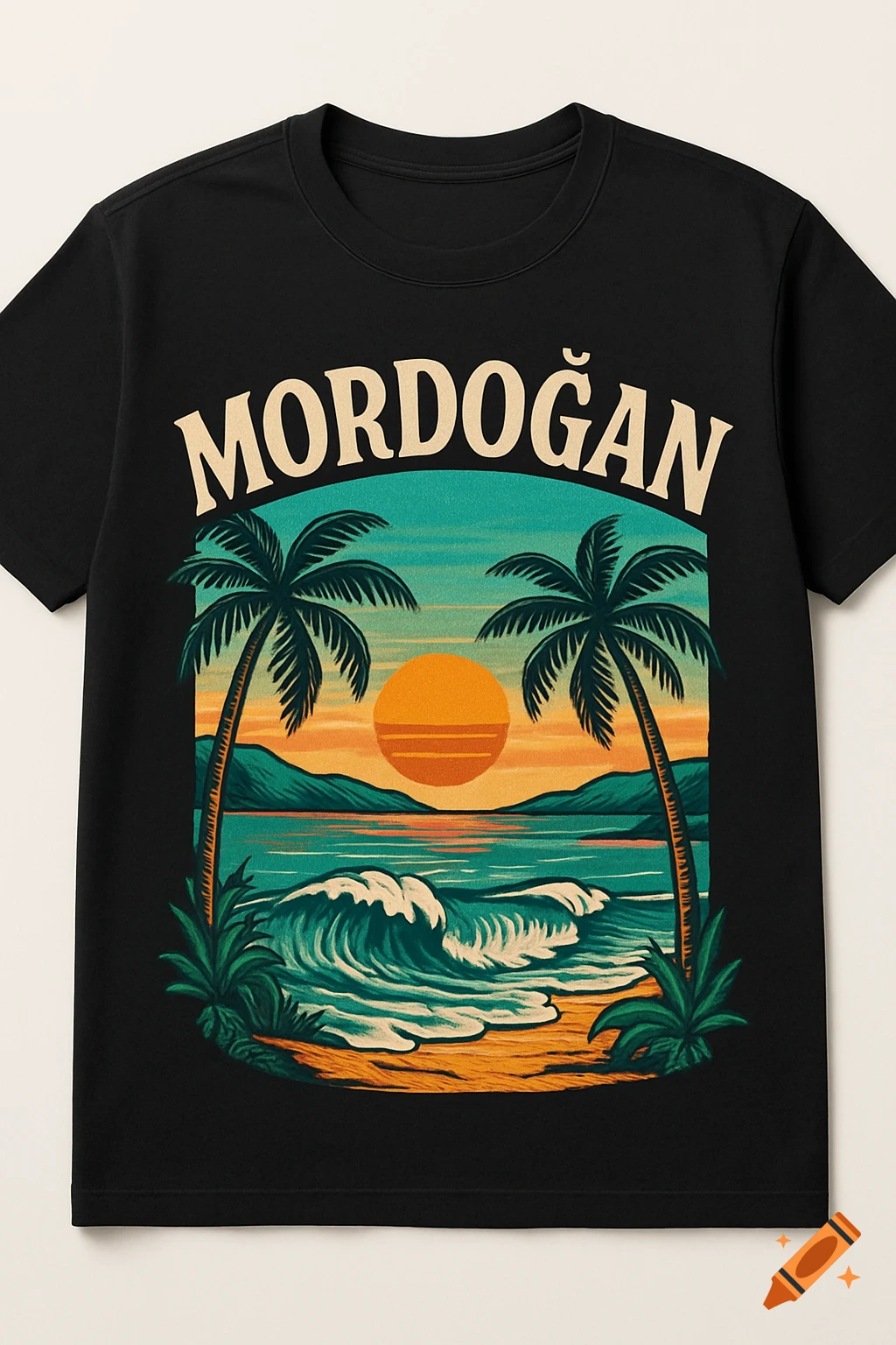 Black t-shirt with 'MORDOGAN' text above a tropical beach sunset illustration with palm trees and ocean waves.