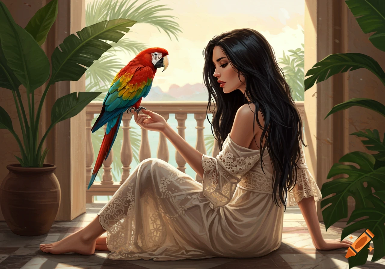 A woman with long dark hair sits on a floor, holding a colorful parrot on her hand, in a tropical setting with plants.