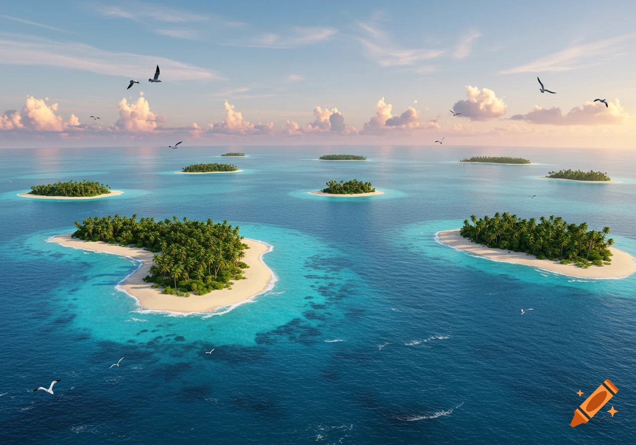 Photorealistic aerial view of tropical islands with sandy beaches and palm trees in a clear blue ocean under a partly cloudy sky.