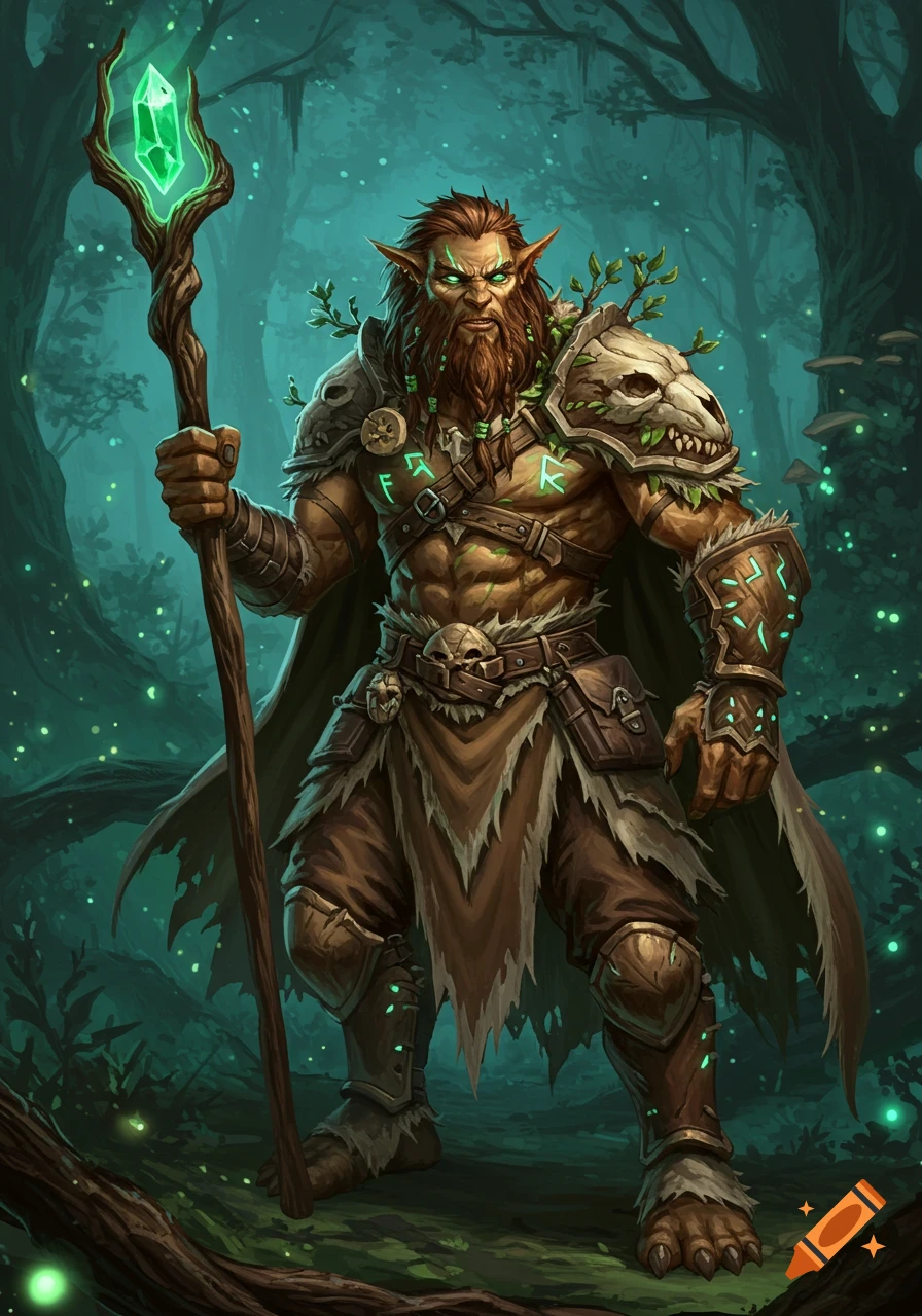 A powerful male druid with a beard and pointy ears, wearing skull armor and holding a glowing green crystal staff in a dark, magical forest.