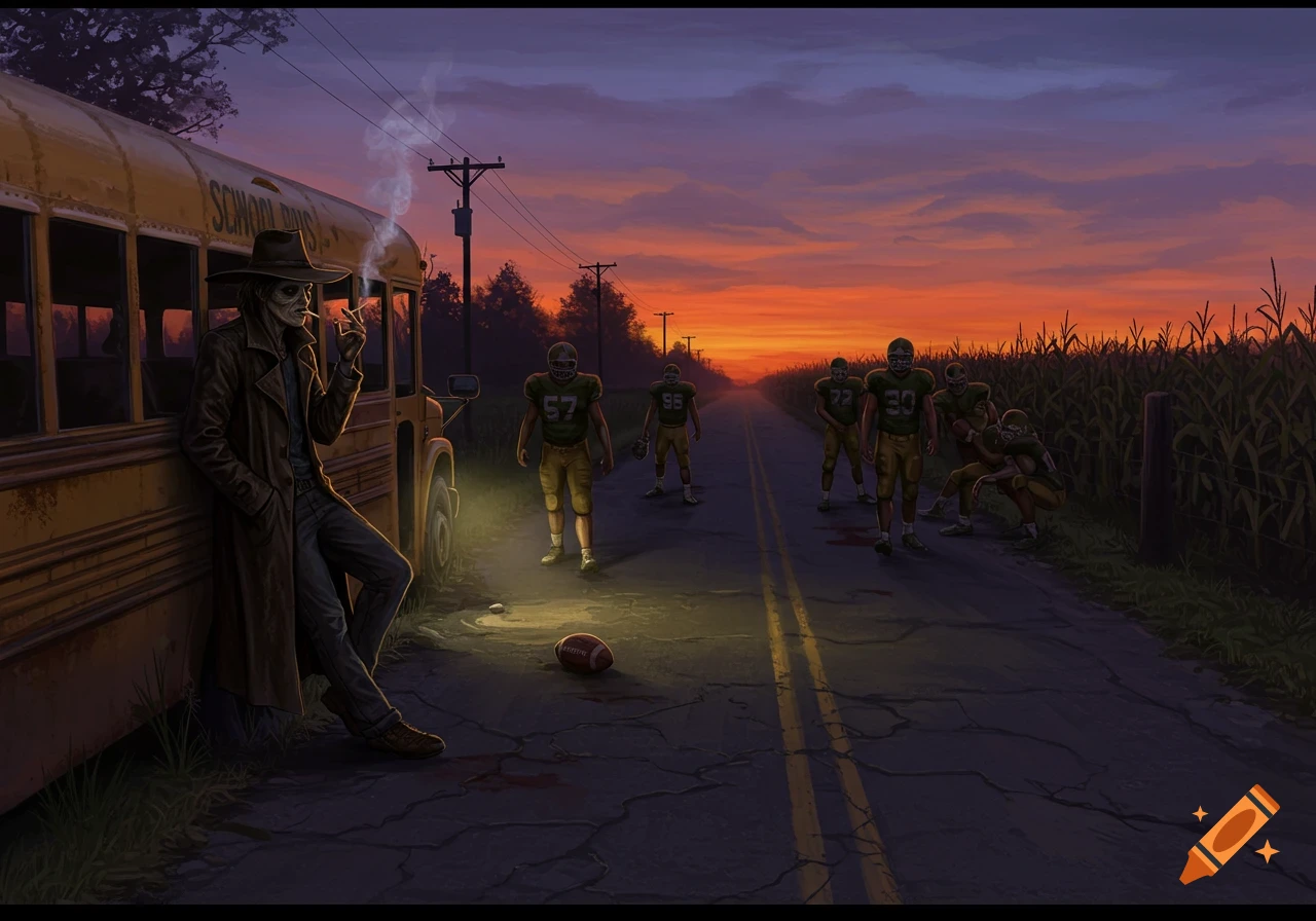A horror character smokes next to a school bus, while zombie-like football players stand on a rural road at sunset.