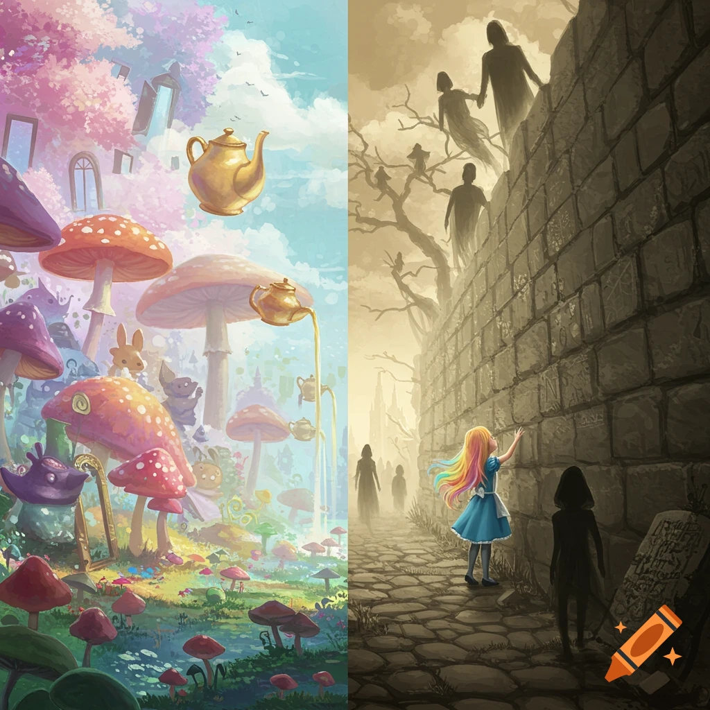 A split image showing a vibrant, whimsical Wonderland on the left with mushrooms and floating teapots, and a dark, somber path with a stone wall and shadowy figures on the right, where a girl resembling Alice reaches towards the wall.