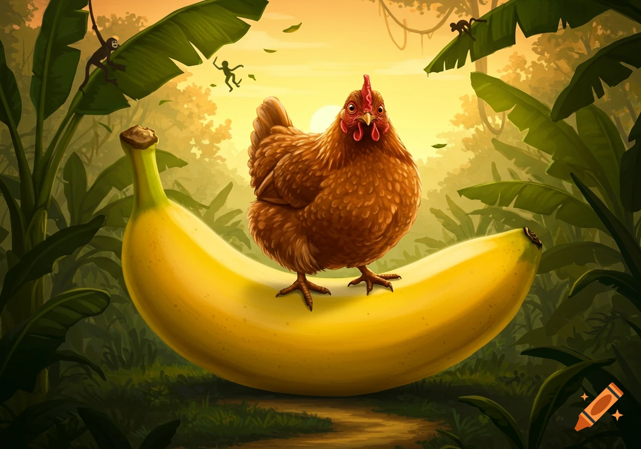 A brown chicken stands on a large, yellow banana in a lush jungle with monkeys and banana leaves, lit by a warm sunset.