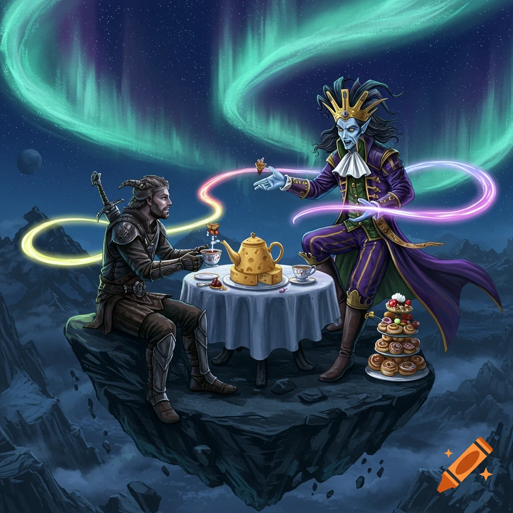 The Dragonborn and Sheogorath have a tea party on a floating island under a vibrant aurora sky in a fantasy illustration.