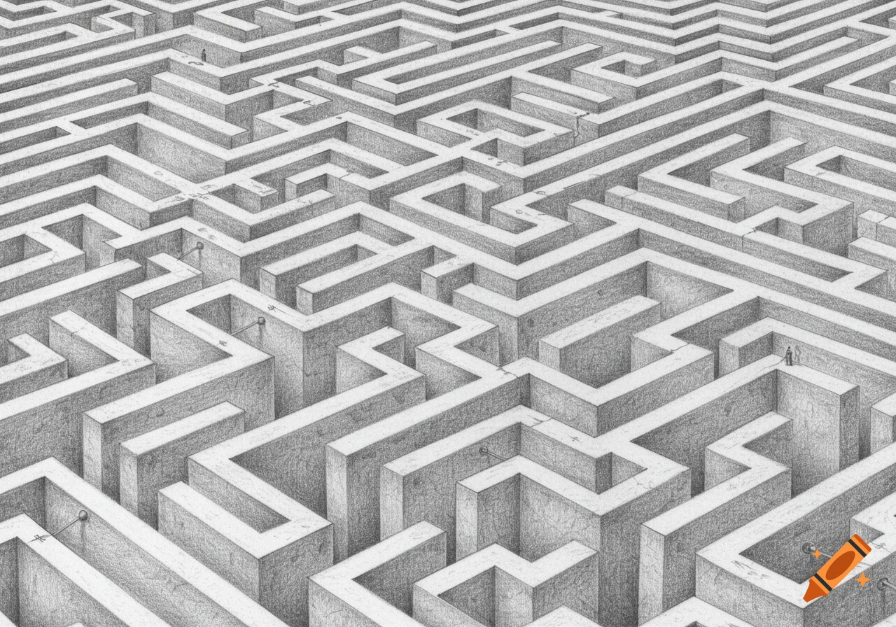 A detailed pencil sketch of an intricate maze seen from above, with small figures providing scale.