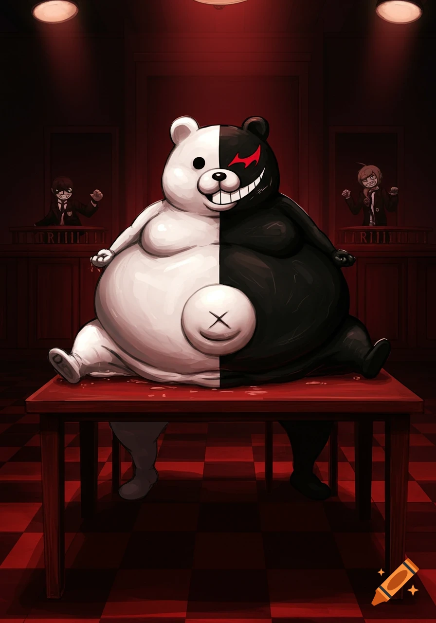 A very obese Monokuma, the half-white, half-black bear mascot from Danganronpa, sits on a red table in a dark, red-lit courtroom, with two shadowy figures in the background.