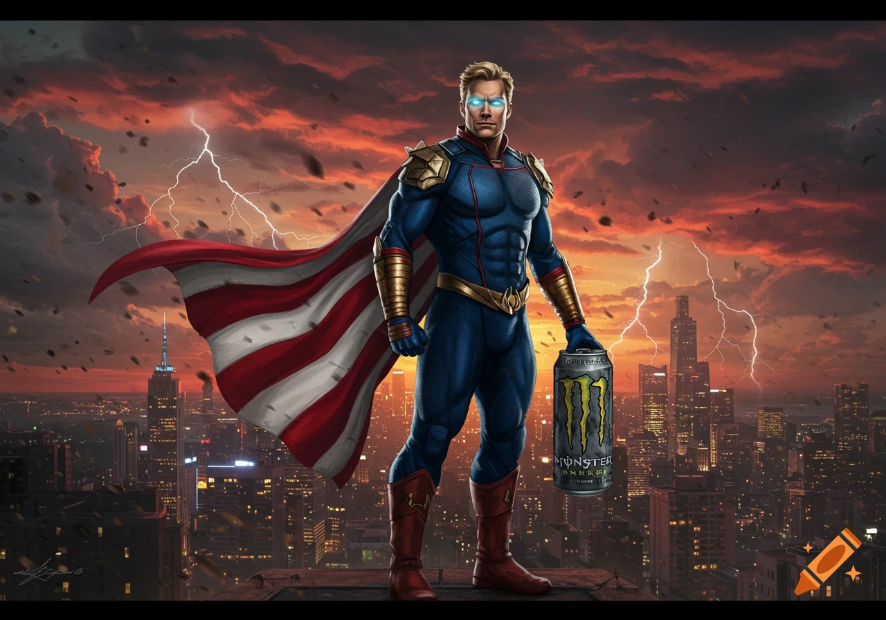 Homelander, a superhero, stands on a skyscraper holding a Monster Energy drink with a stormy red sky and lightning over a city in a comic art style.