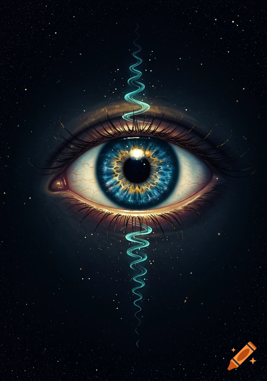 A detailed cosmic eye with a blue and gold iris and pupil, emitting glowing turquoise wavy light streams upwards and downwards, set against a dark starry sky.