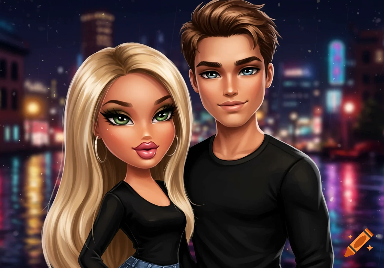 A glamorous Bratz-style couple with exaggerated features, a blonde woman and a brown-haired man, against a blurry night city background.
