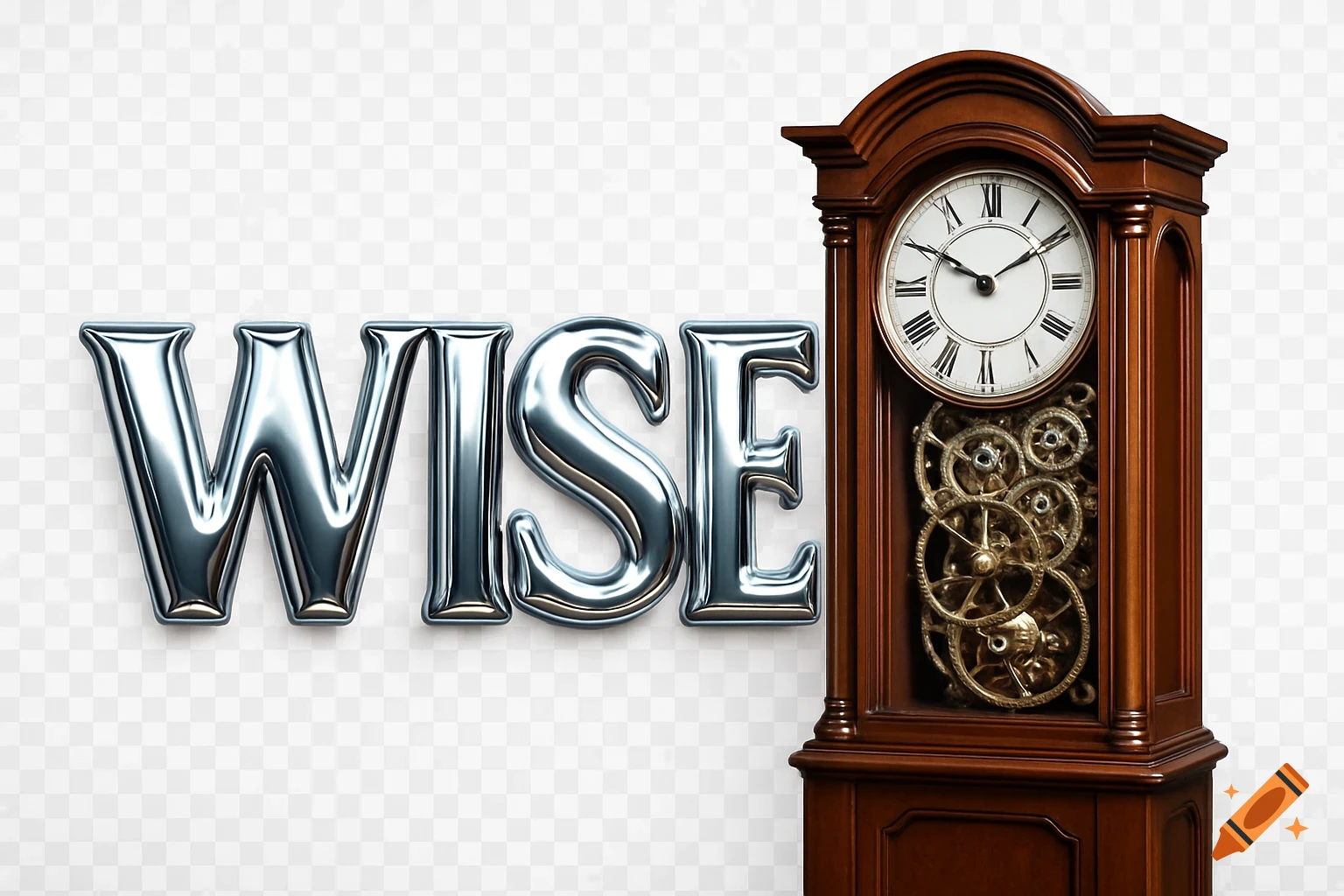 A shiny silver metallic word 'WISE' next to an antique wooden grandfather clock with exposed gears, on a transparent background.
