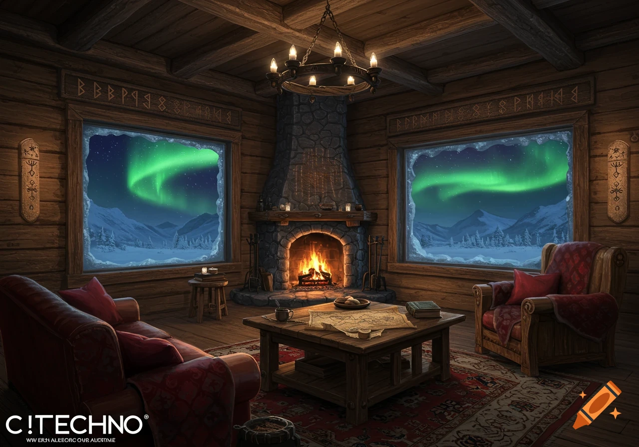 A cozy wooden cabin living room with a stone fireplace, red armchairs, and large windows showing a snowy arctic landscape with the aurora borealis.
