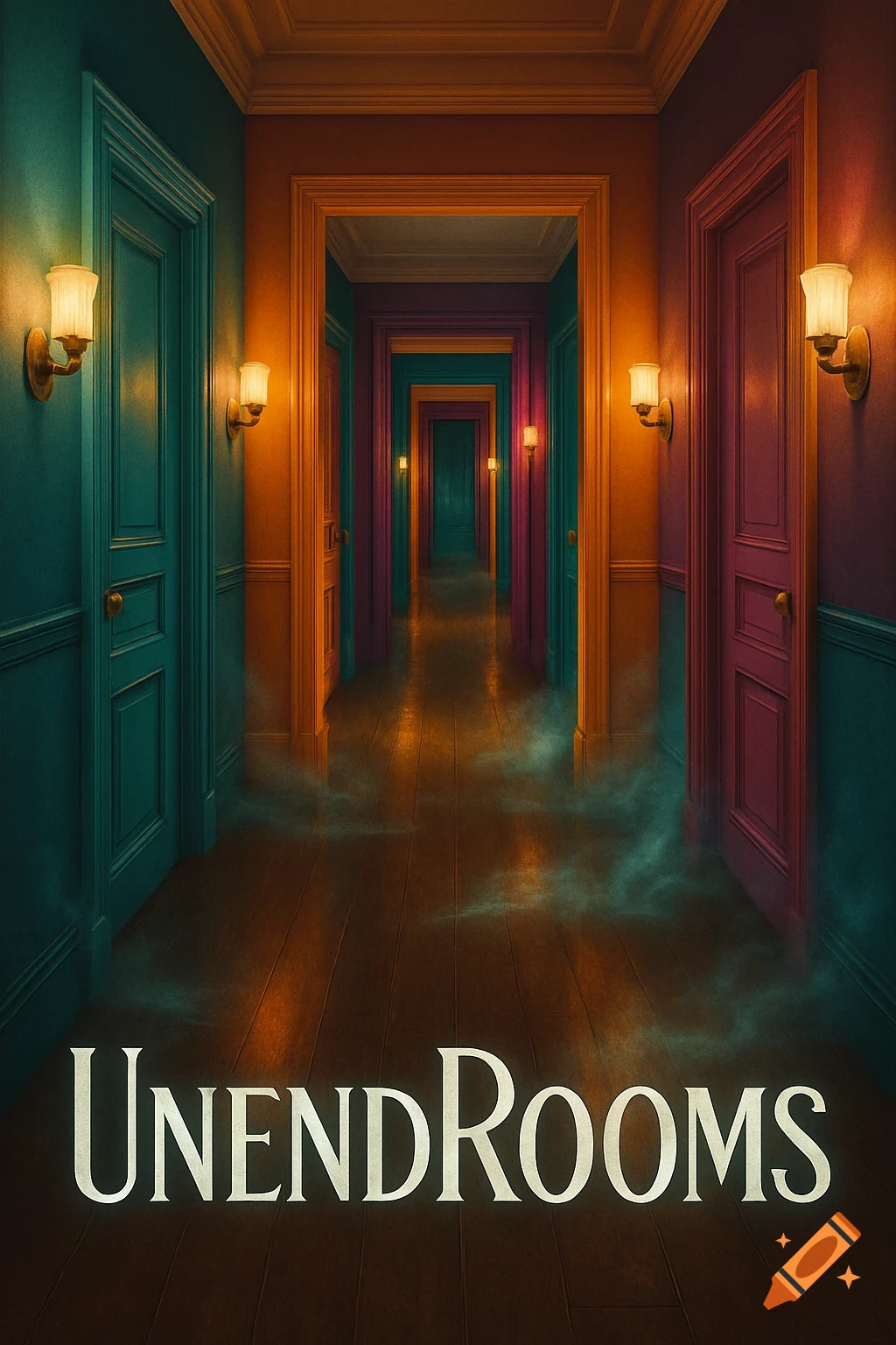 A hallway with colorful repeating doors receding into the distance, mist on the floor, and "UNENDROOMS" text.