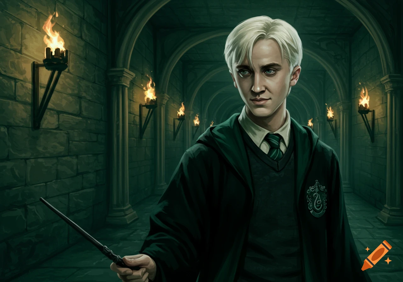 An illustration of Draco Malfoy with white-blonde hair, dressed in a dark green Slytherin robe, holding a wand in a torch-lit stone corridor.