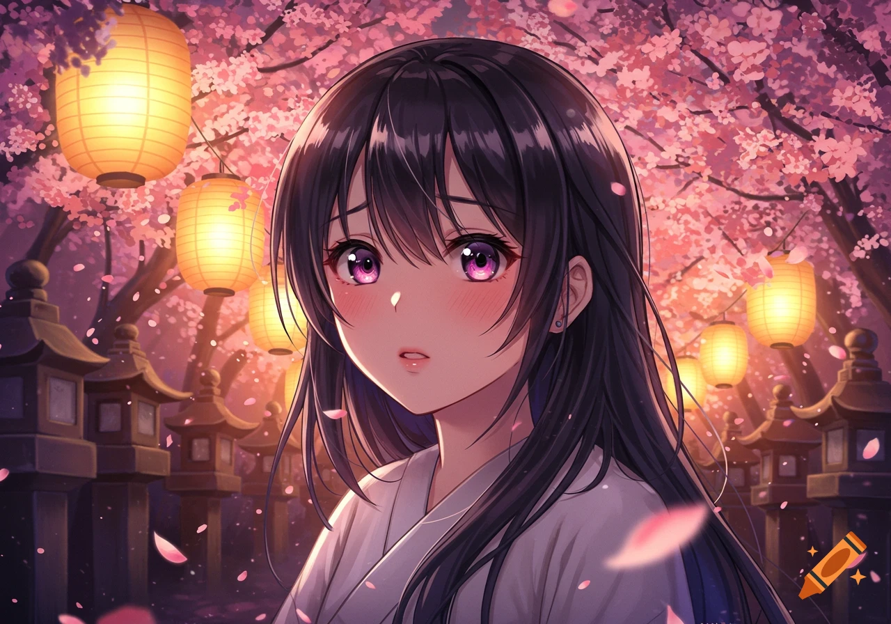 Anime girl with dark hair and pink eyes, blushing, in a kimono under cherry blossom trees with glowing lanterns at night.