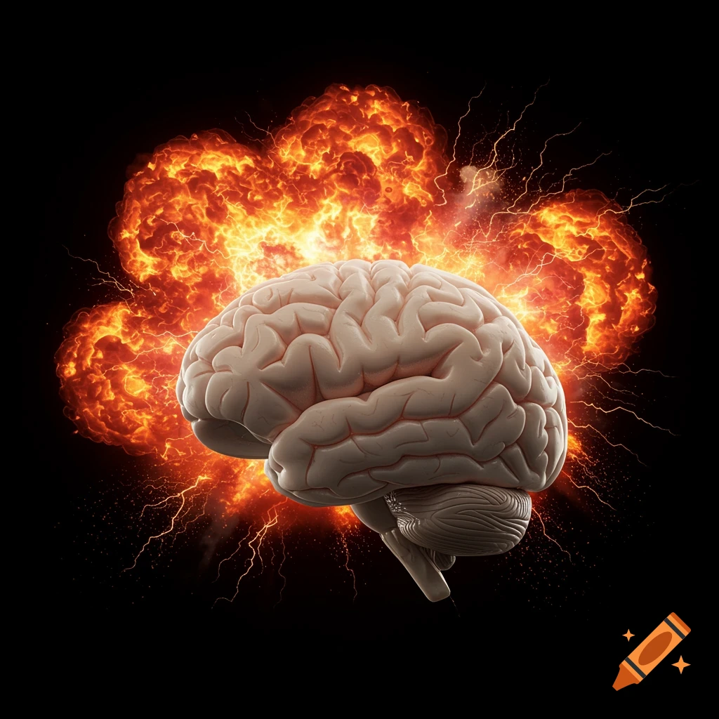 A realistic human brain set against a dark background, with a large, fiery explosion and electric sparks bursting behind it.