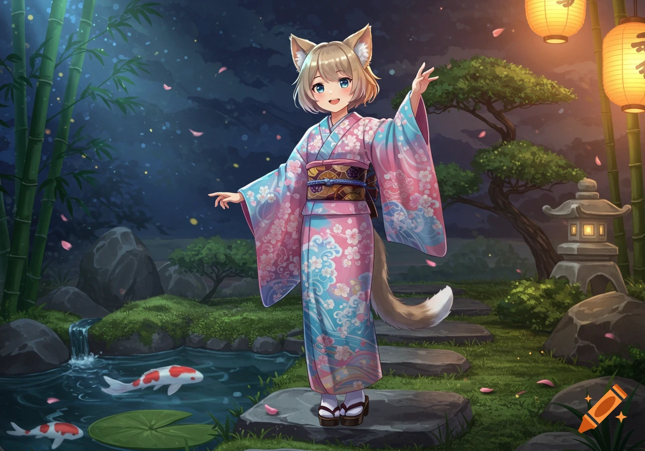 Anime girl with cat ears and tail in a pink and blue kimono in a moonlit Japanese garden.