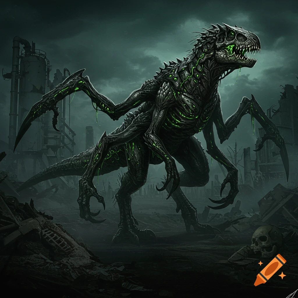 A fearsome, dark, multi-limbed monster with glowing green features stands in a ruined, industrial landscape under a stormy sky, digital art.