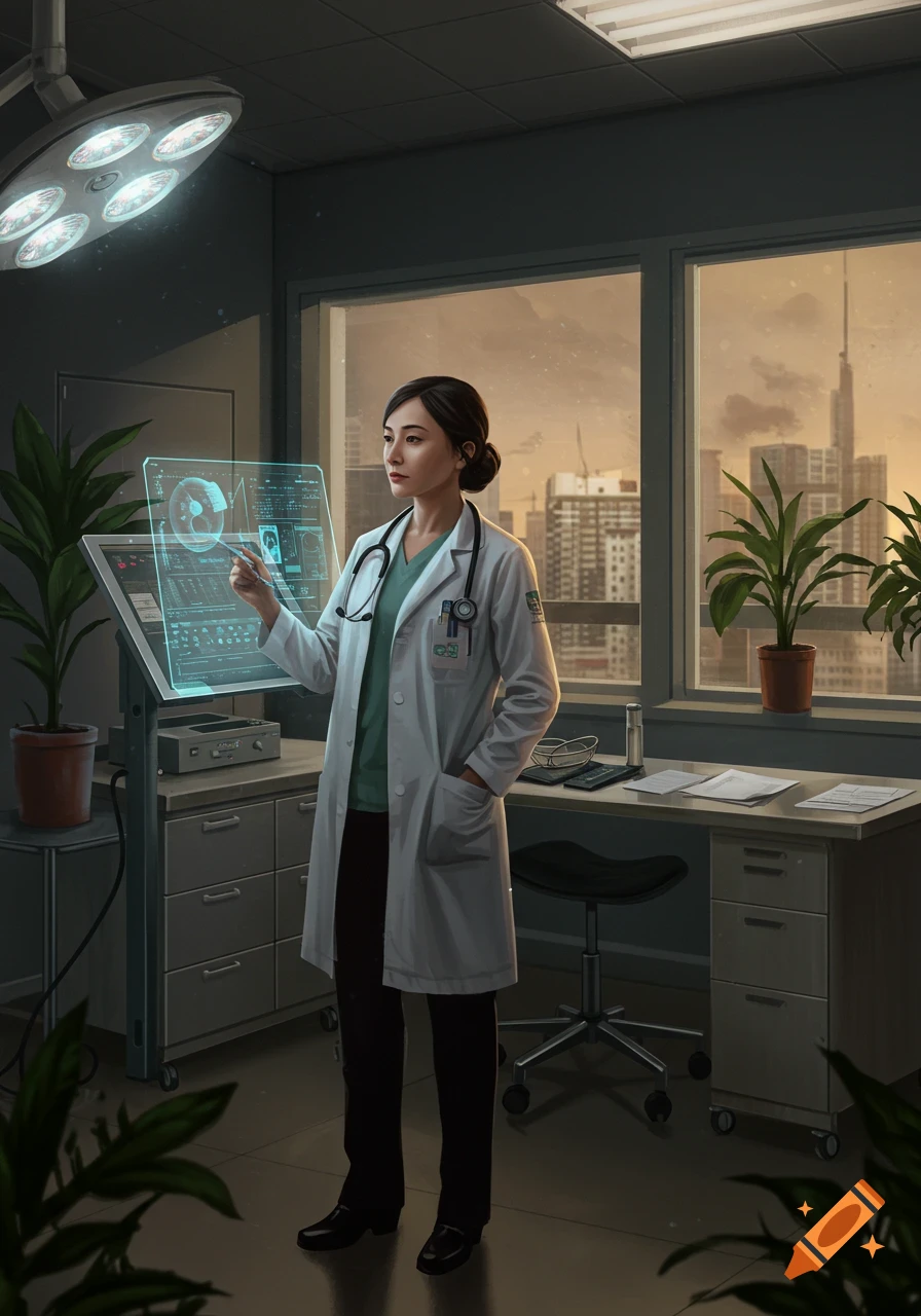 A doctor in a white coat interacts with a futuristic holographic display in an office with a city view at sunset, photorealistic style.