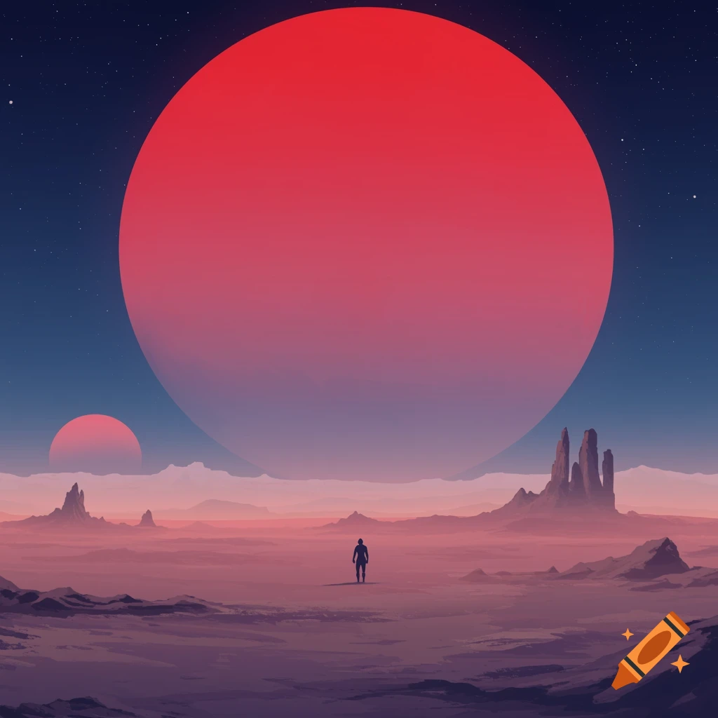 A lone figure on a desolate alien landscape under a massive red planet and starry sky. Stylized abstract painting.