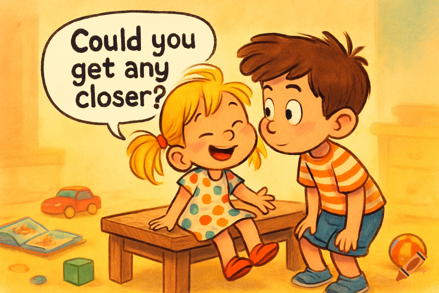 Cartoon illustration of a blonde girl on a table and a brown-haired boy on the floor, with a speech bubble saying 'Could you get any closer?'
