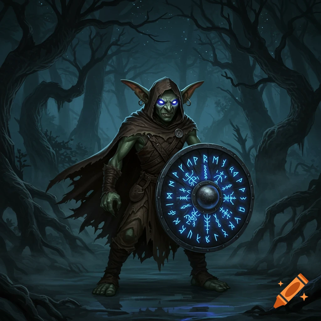 A green-skinned goblin in a dark cloak stands in a moonlit forest, holding a round shield with glowing blue runes.
