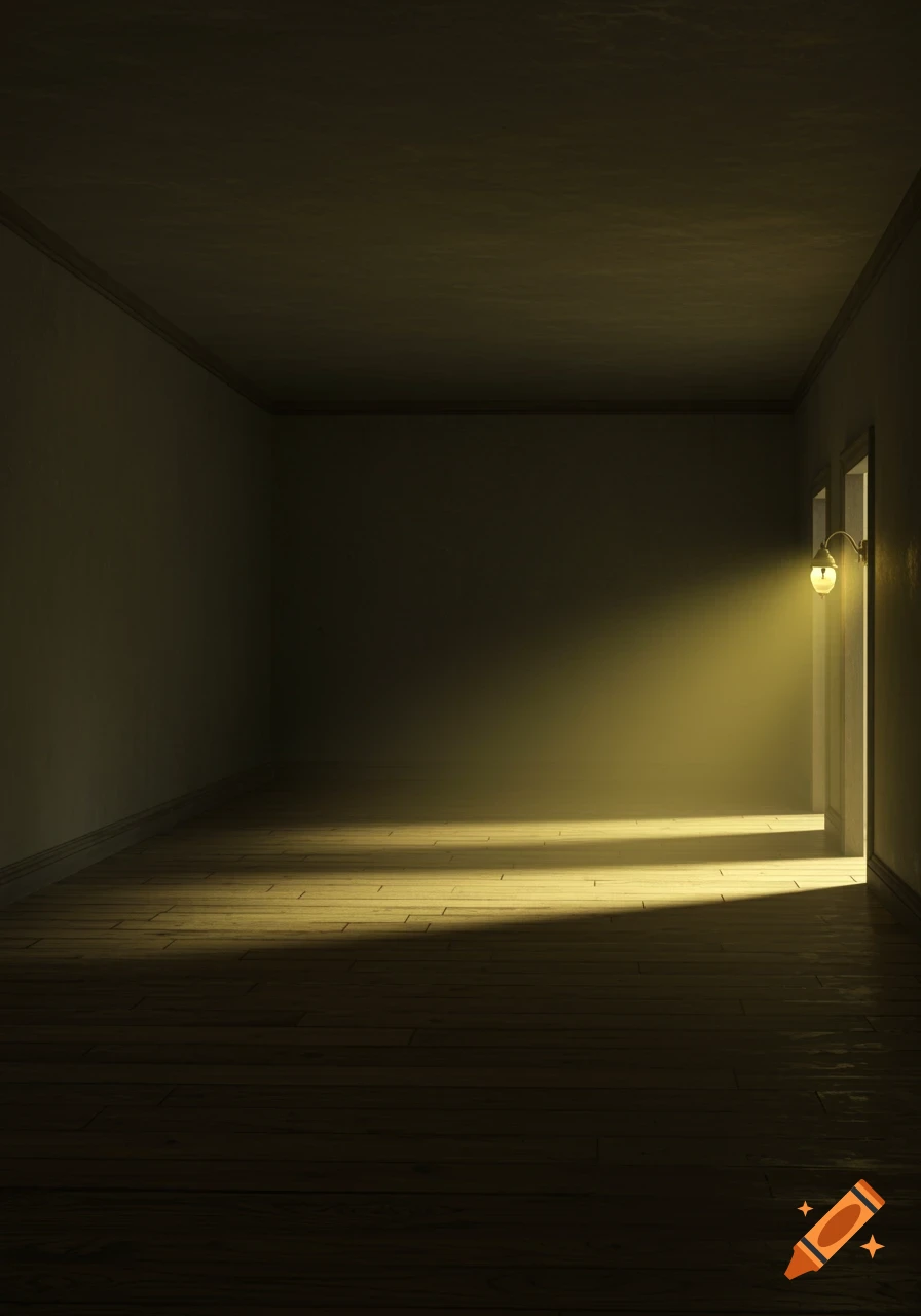 An empty, dark room with wooden floors, lit by a bright light source emanating from a wall sconce near an open doorway on the right.