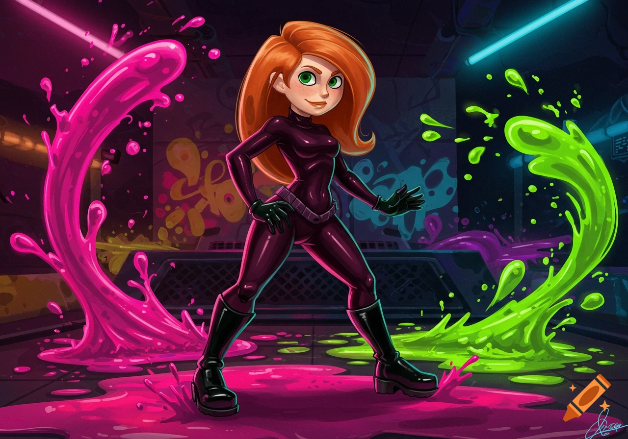 Kim Possible in a burgundy suit and black boots stands in pink and green slime in a dark, graffiti-covered room, in the style of Splatoon 2.