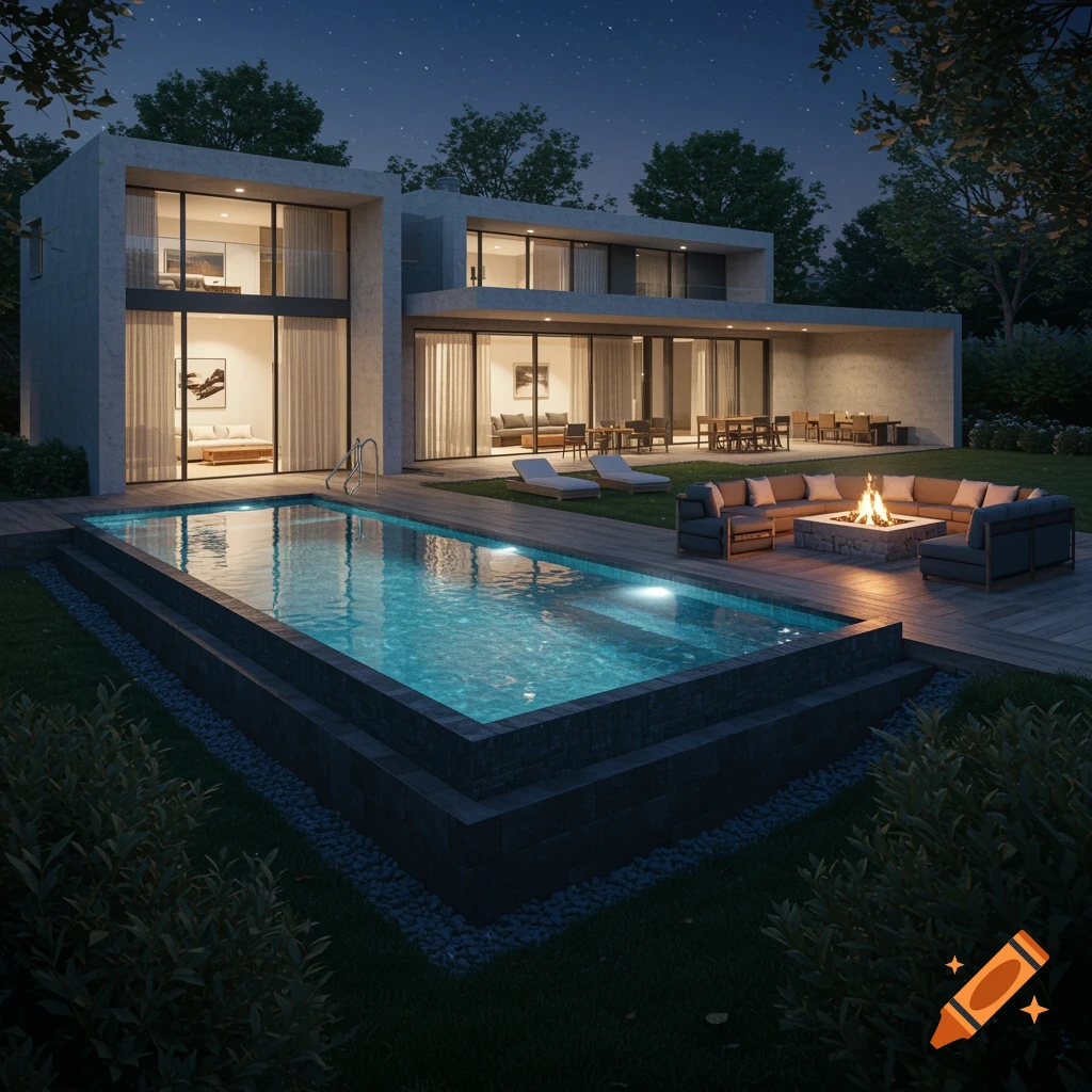 A modern house with a lit swimming pool and a fire pit seating area at night under a starry sky.