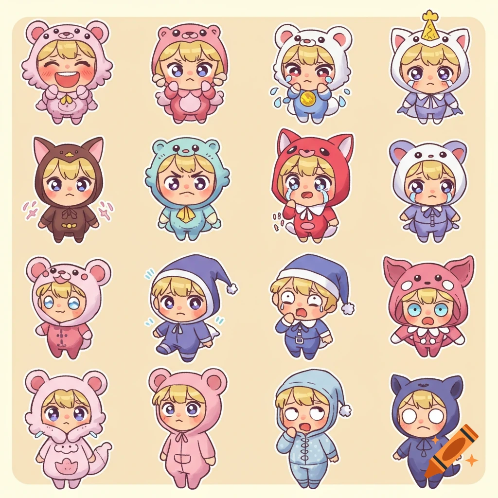 A grid of 12 chibi characters in various animal costumes, each displaying a different emotion from happy to crying, on a light background.