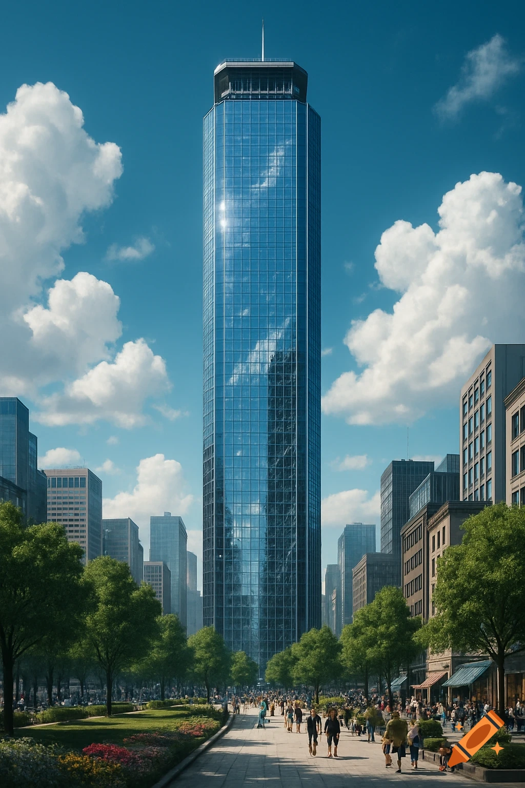 A photorealistic image of a tall, blue glass skyscraper overlooking a bustling urban park with people on a sunny day.