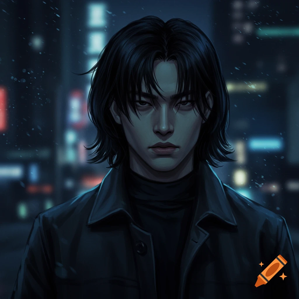 A digitally painted portrait of a serious-looking man with black hair and a dark jacket at night in a city.