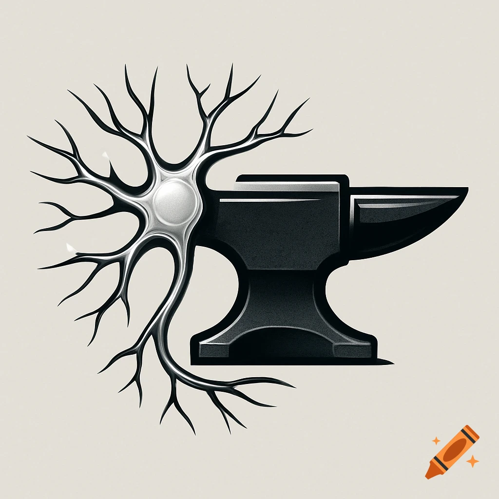 A stylized logo combining a metallic neuron structure with a black anvil on a light background.