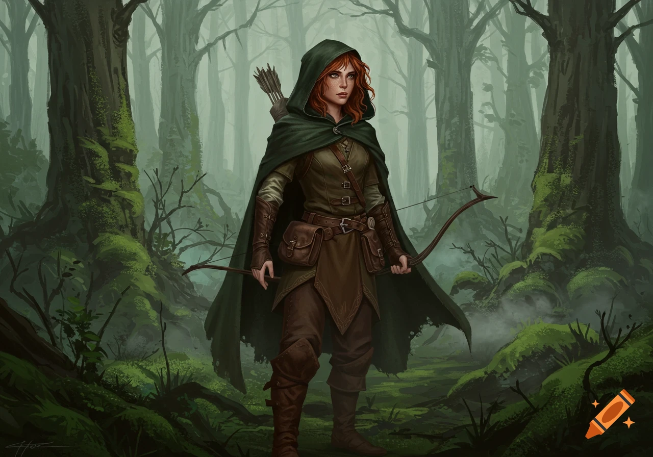 A female elf adventurer with red hair and a green hooded cape stands in a misty forest, holding a bow. Digital painting.