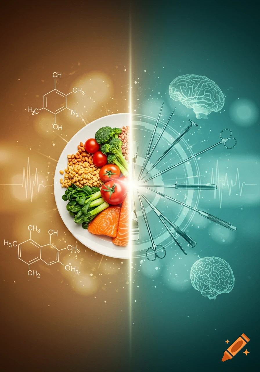 A vertical split image showing healthy food with chemical structures on an orange background, and surgical instruments with brain diagrams on a blue-green background, separated by a bright light.